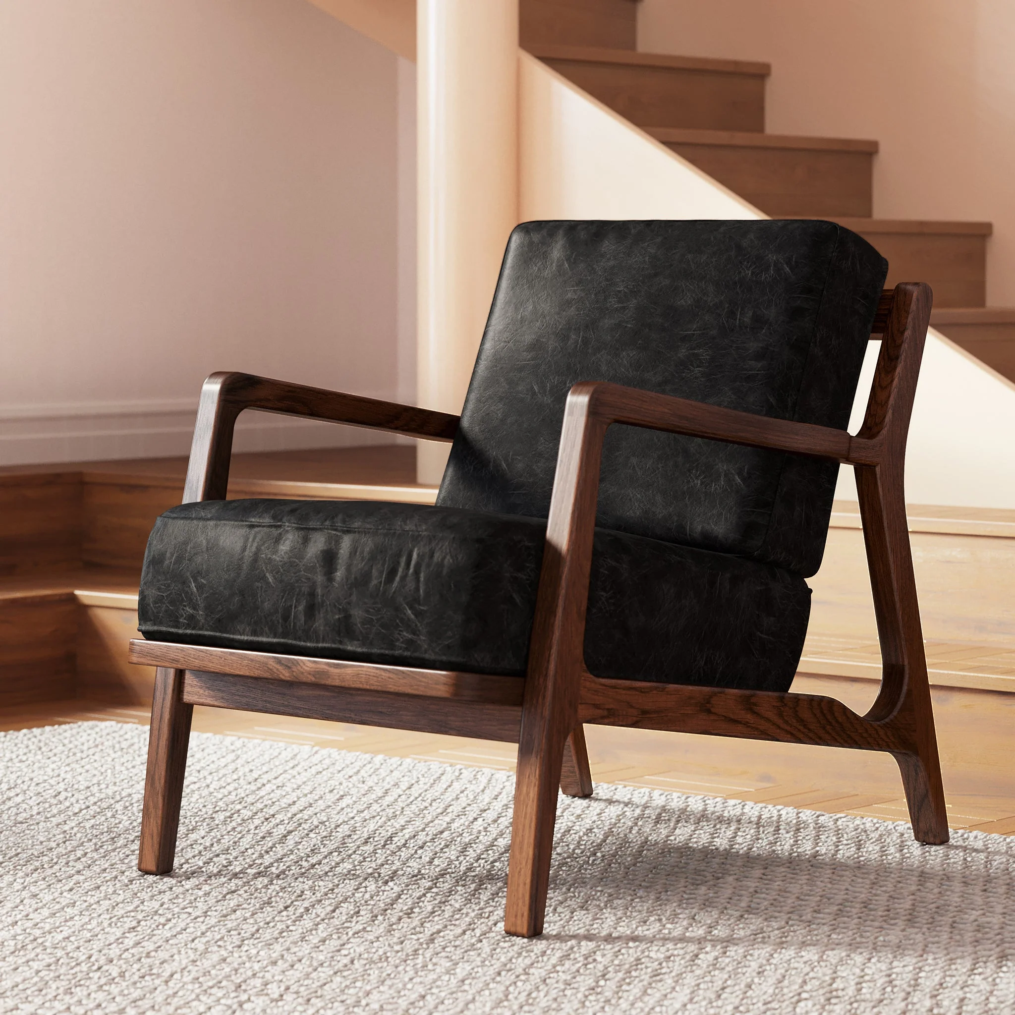 Modern Onyx Black Leather Lounge Chair with Kiln-Dried Wood Frame