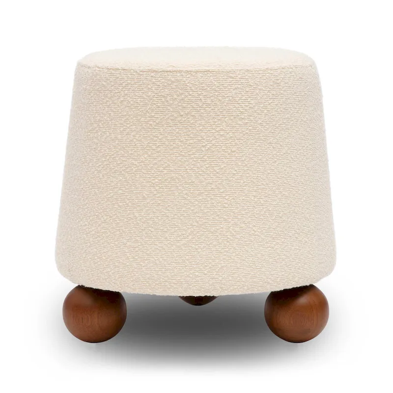 Boucle Upholstered Stool with Solid Wood Legs