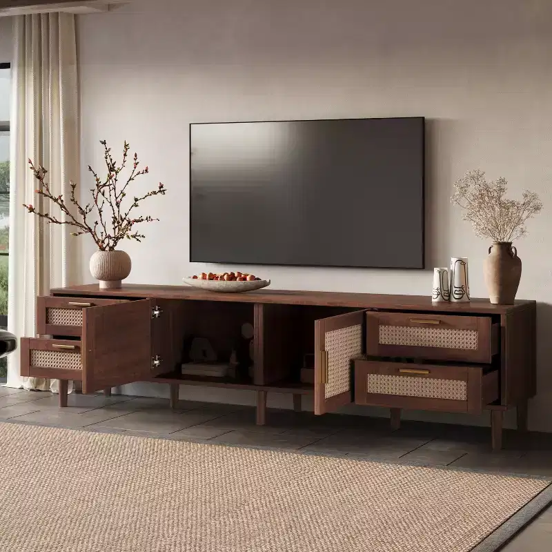 78 TV Stand for TVs up to 85, Media Console Cabinet with 4 Drawers & Rattan Doors, Modern Entertainment Center, Walnut - ModernLuxe