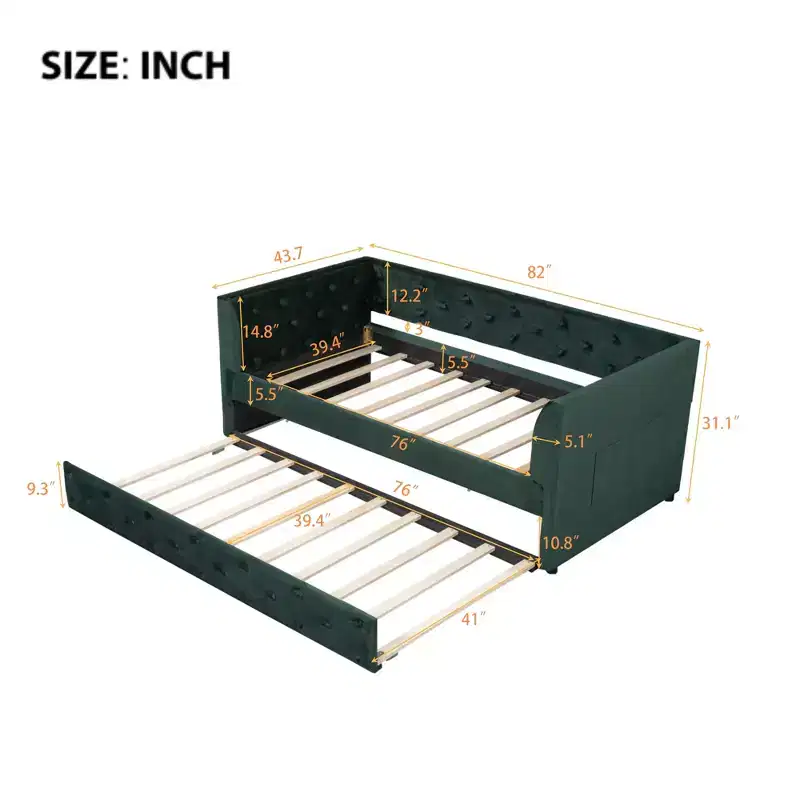 Velvet Upholstered Twin Size Daybed with Trundle Platform Bed Frame with Armrest for Living Room, Green