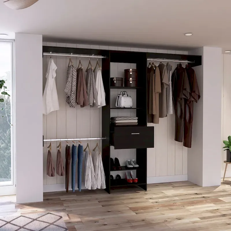 FM Furniture Cross Closet System with Drawer, 3 Metal Rods, and 5 Open Shelves