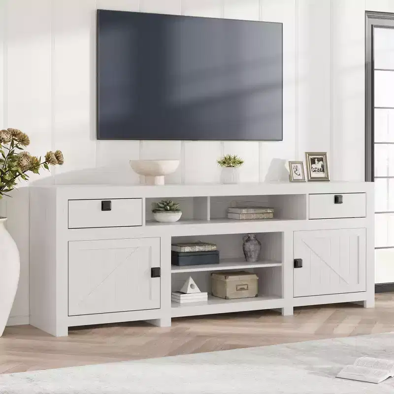 Farmhouse TV Stand for 75/80 Inch TVs, 70 Long Entertainment Center with 4 Storage Drawers & 3 Open Shelf, White Television Consoles Stands