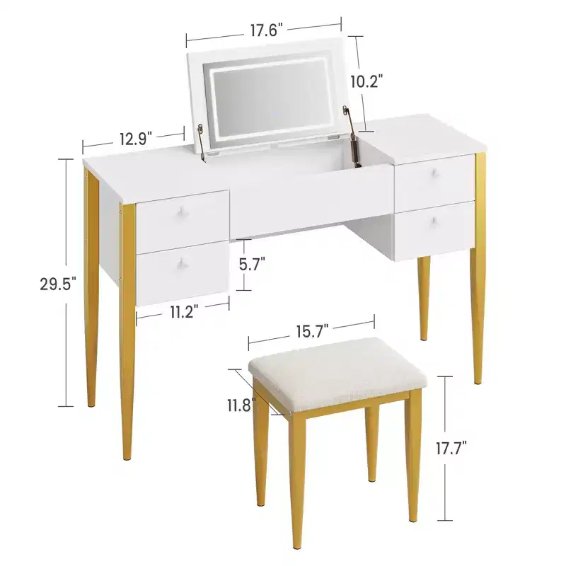 47 Makeup Vanity Desk with Flip Top Mirror and Lights, 3 Lighting Mode, Make Up Vanity with Chair