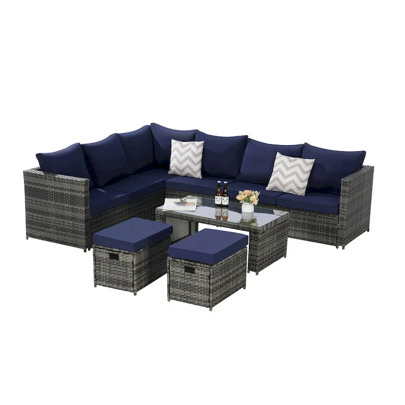 6-Piece Rattan Sectional Sofa Set with Glass Table