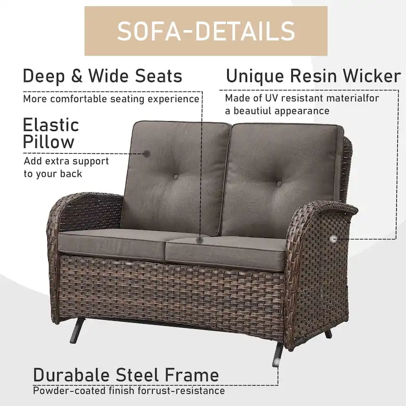 Patio Glider Sofa and Swivel Chair with Ottoman - Brown
