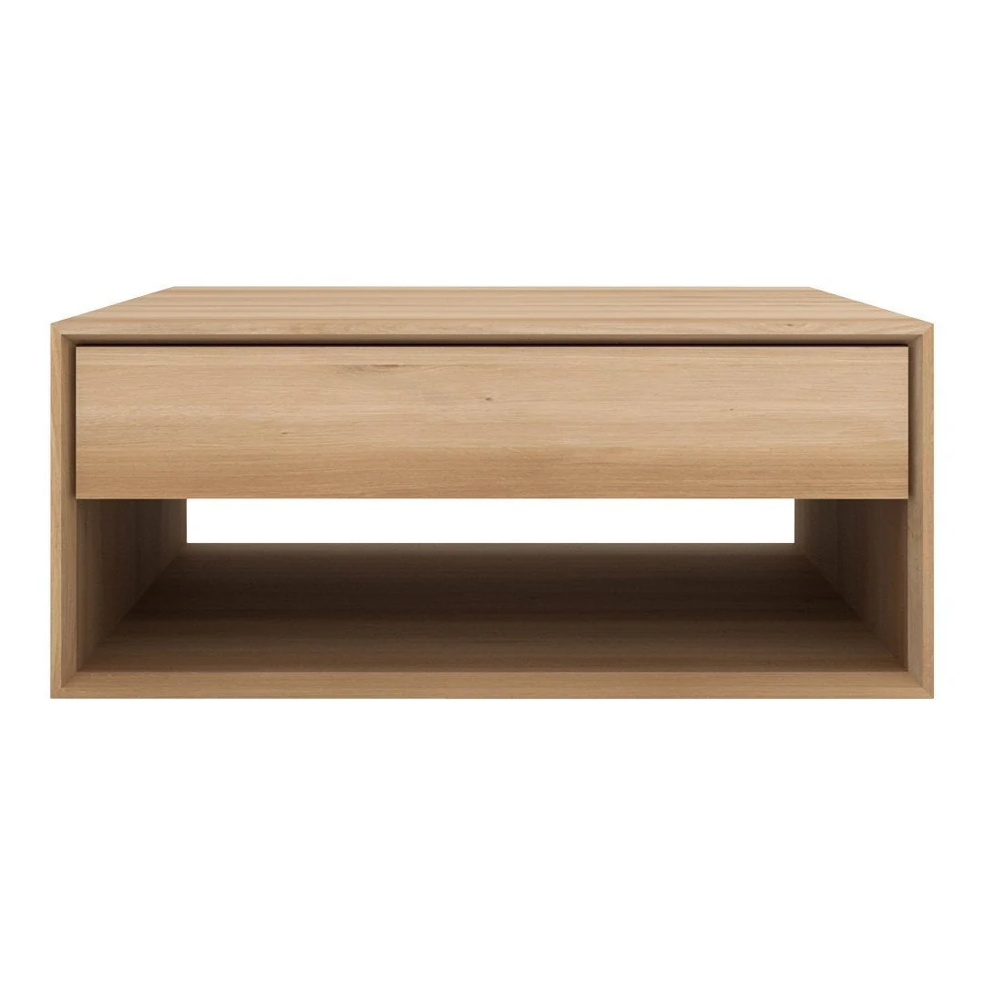Scandinavian Solid Oak Coffee Table with Soft-Close Hidden Drawer for Living Room