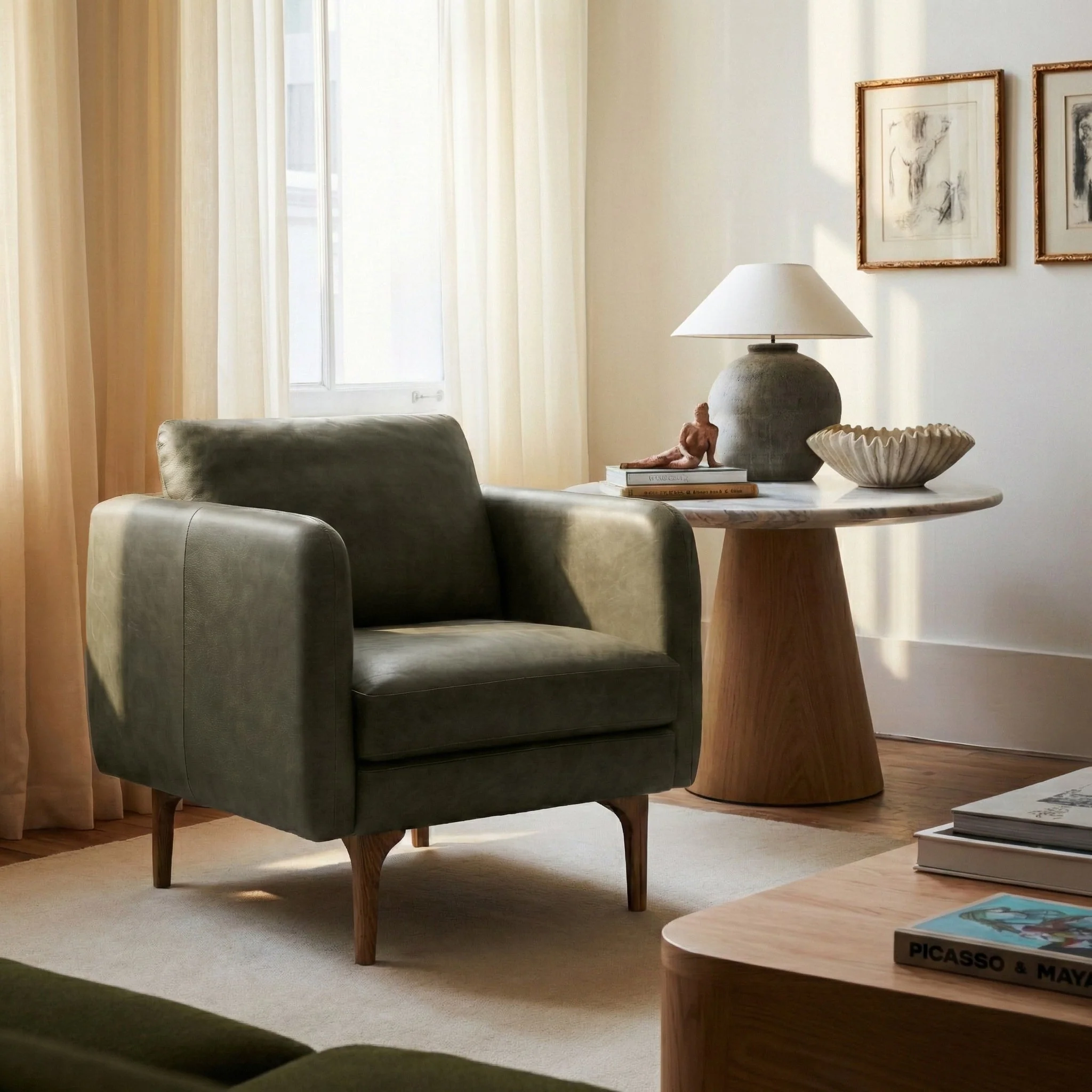 Mid-Century Modern Olivine Green Leather Lounge Chair with Kiln-Dried