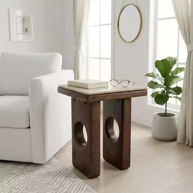 Rustic Edge Square End and Side Table for Small Spaces - Elegant Top and Wood Base for Living Room and Bedroom Decor - 21, Tan & Brown
