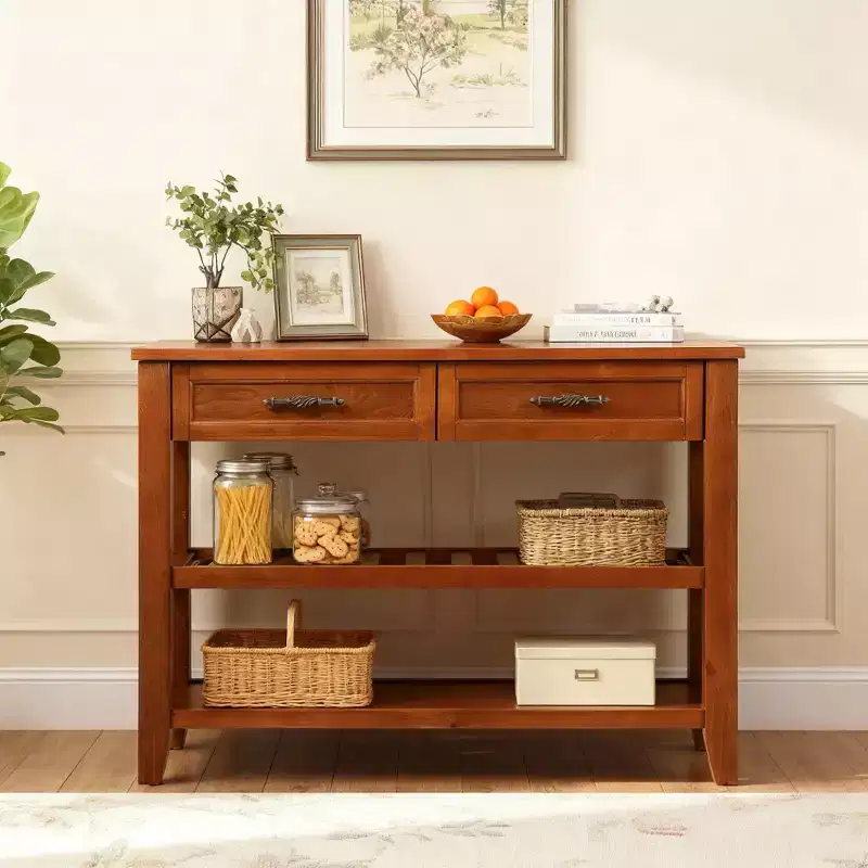 42'' Console Table with 2 Storage Drawers and 2 Tiers Shelves for Living and Dining Room, Brown