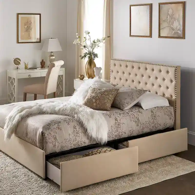 Storage Platform Bed with Tufted Linen Headboard – Beige, Bronze Nailhead Trim, Full / Queen / King