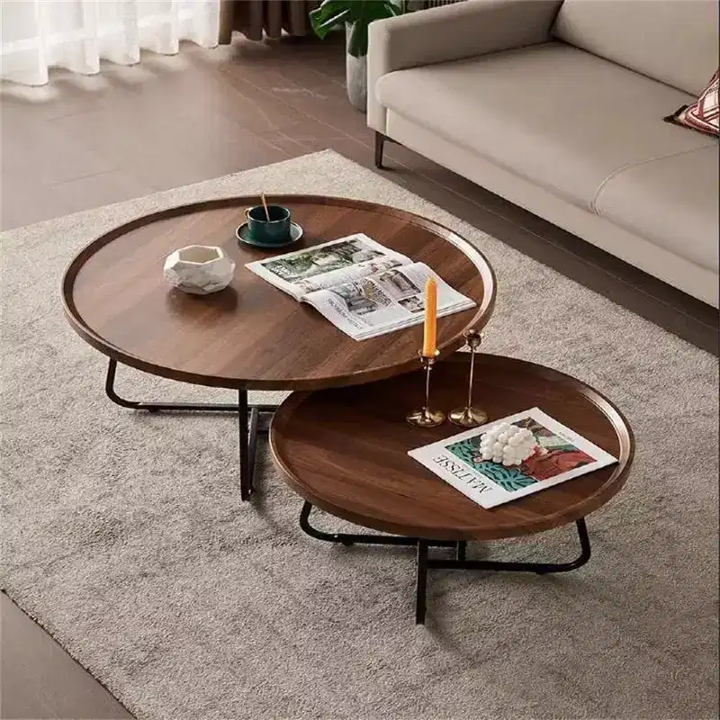 Round Coffee Table, Set of 2, Wooden Living Room Table with Metal Frame, Side Tables for Living Room Table