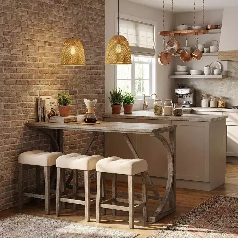 FurnitureR 4-Piece Bar Table Set with 3 Upholstered Stools, Counter Height Dining Set with USB Charging, Space Saving Kitchen Bar for Small Spaces