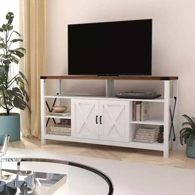 Rustic Farmhouse Media Console with Open and Closed Storage, Barn Door TV Stand