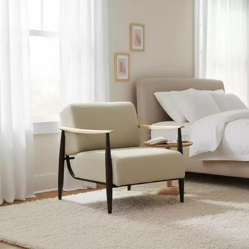 FurnitureR Mid-Century Modern Accent Chair, Beige Upholstered Armchair with Solid Oak Frame, Comfy Reading Chair for Living Room, Bedroom, Office