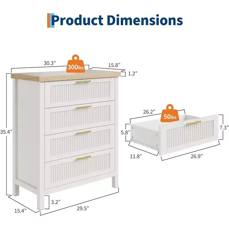 Bedroom Recessed Dresser, Dressing Table Cabinet, 35.4 High Dresser with 4 Drawers with Clothes Storage for Bedroom, Living Room
