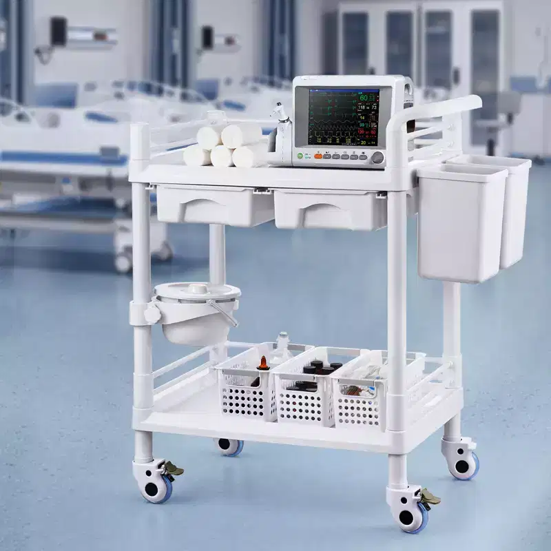 2 Tiers Lab Carts, Lab Utility Cart with 2 Trays, 2 Drawers & 4 Silent Wheels, Mobile Medical Cart with PP Material, Lab Rolling Cart