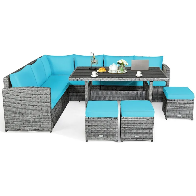 7 Pcs All-Weather Patio Rattan Dining Furniture Sectional Sofa Set with Wicker Ottoman and Cushed Couch