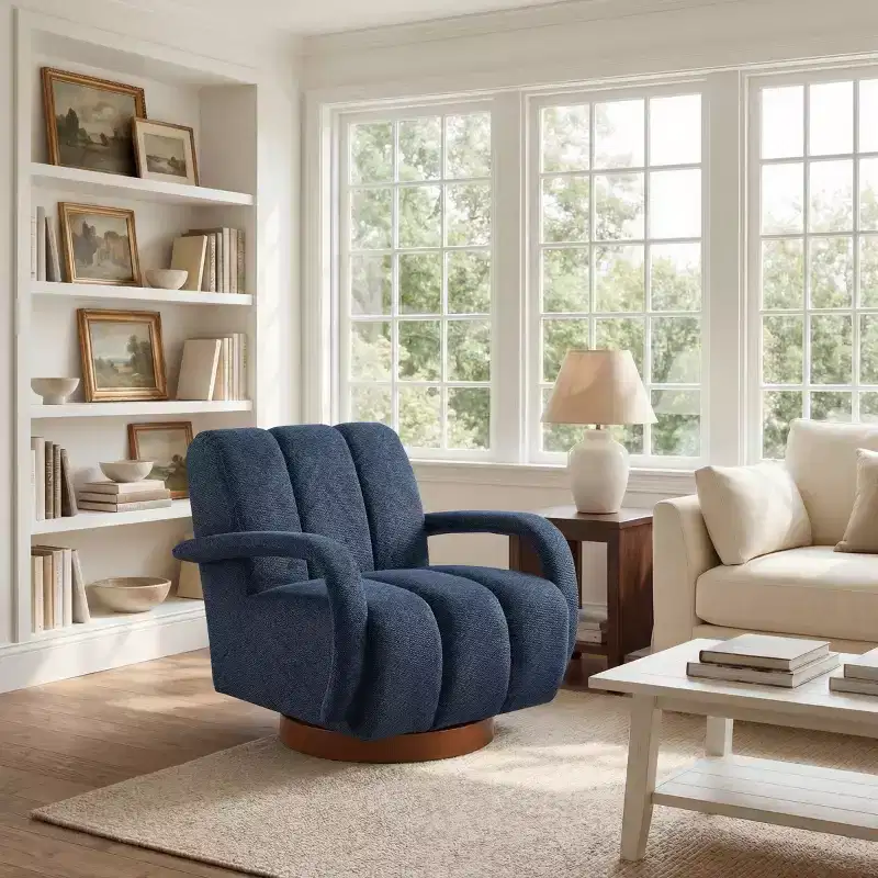 Swivel Accent Chair, Modern Fabric Upholstered Arm Chair, Single Sofa Chair with Solid Wood Base