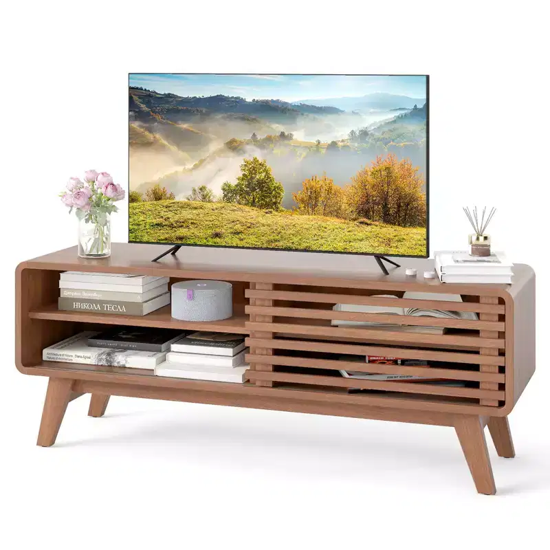 TV Stand with Sliding Door, Adjustable Shelves and Rubber Wood Legs for TVs up to 55