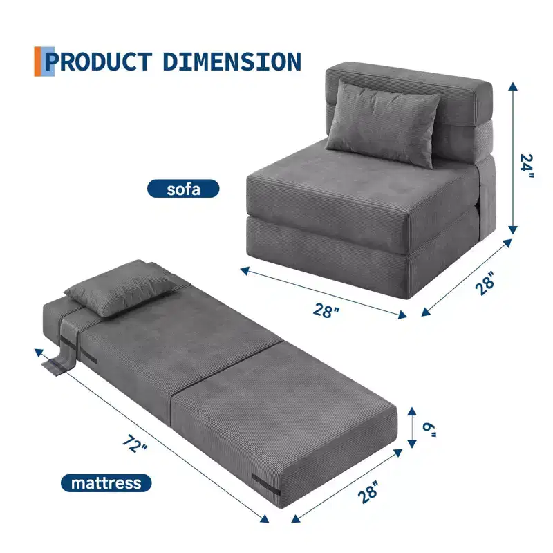 4-in-1 Convertible Folding Sofa Bed - Sleeper Chair with Pillow, Modern Corduroy Fabric Floor & Futon Couch, Dark Gray