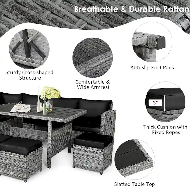 7 Pcs All-Weather Patio Rattan Dining Furniture Sectional Sofa Set with Wicker Ottoman and Cushed Couch