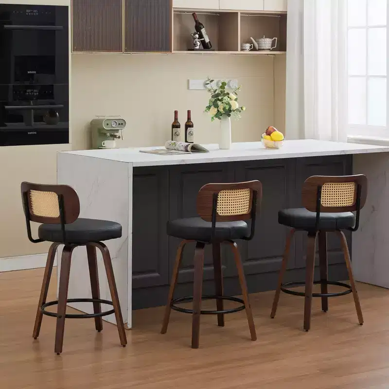 CLIHOME 3 Pieces Counter Height Bar Stools - 26 Rattan Counter Height Stools With Cane Back and Upholstered Seat