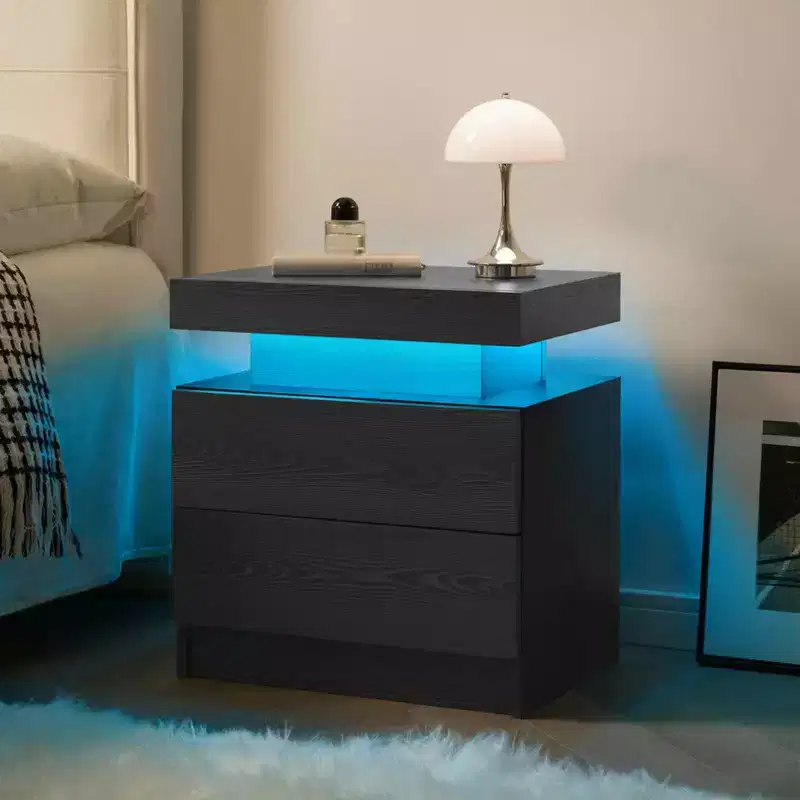 Modern Nightstand with 2 Drawers – Black Woodgrain Bedside Table