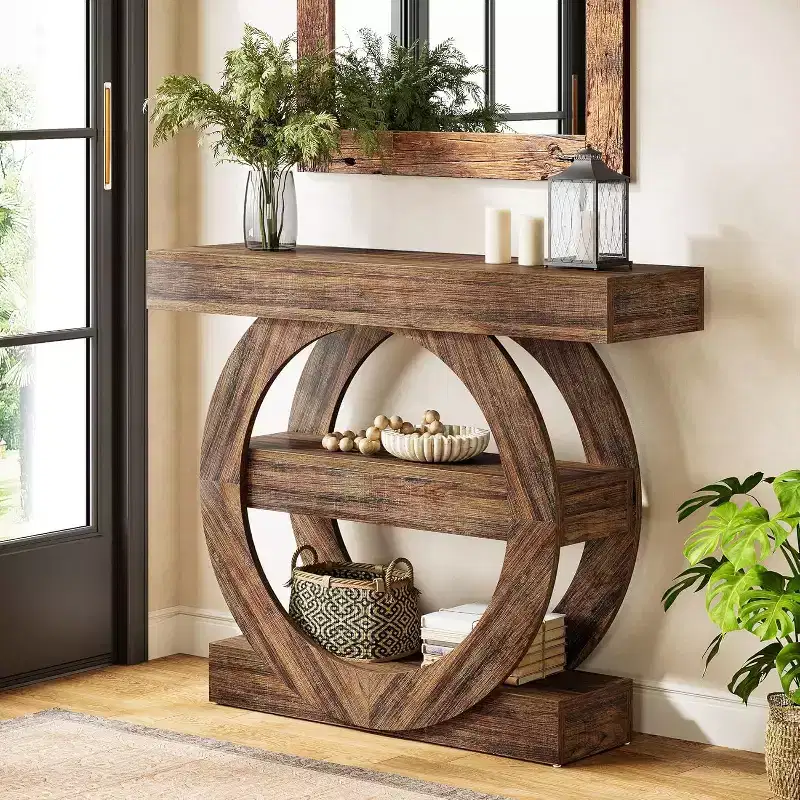 Lantine 41.3-Inch Farmhouse Console Table, 3-Tier Narrow Entryway Table with Storage Shelves for Sofa, Hallway, Foyer, Living Room, Rustic Brown