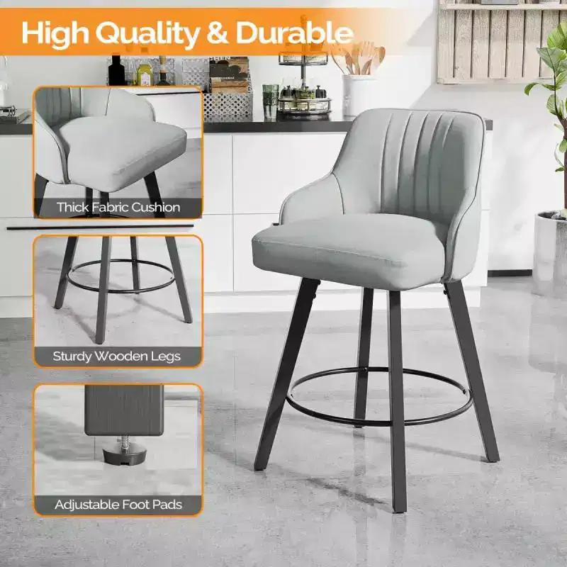 Thick Padded Cushion Wood Legs Modern Bar Stool With 360 Rotation