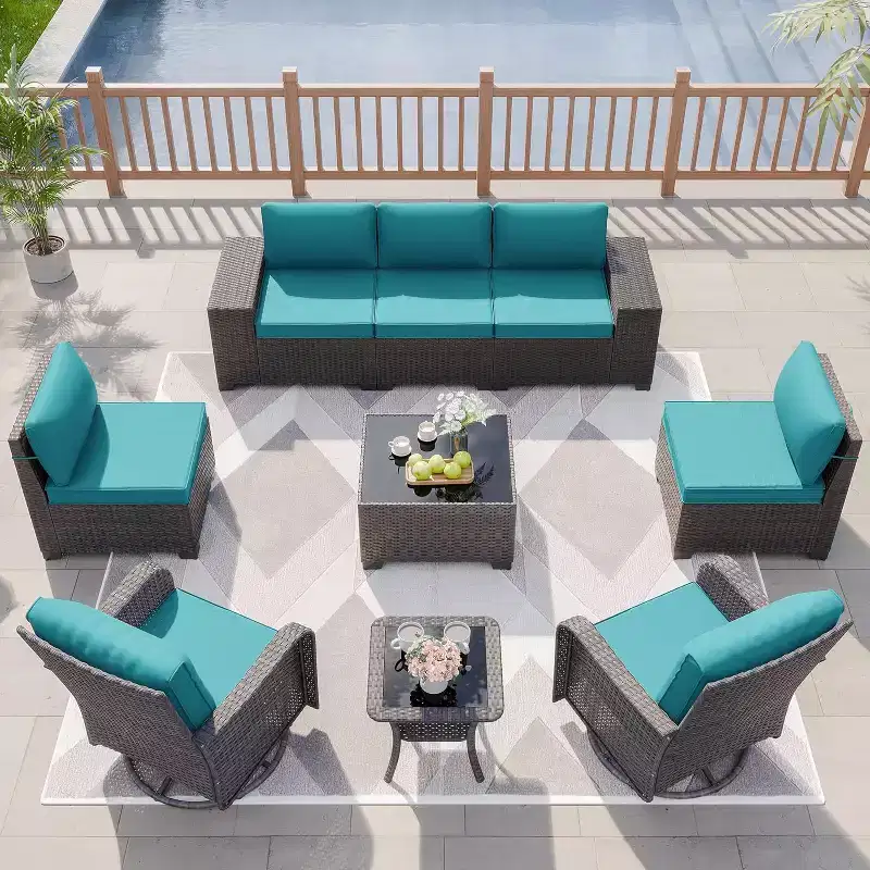 ALAULM 9 Pieces Patio Furniture Set, Rattan Wicker Sofa Set, Outdoor Conversation Sets w/Swivel Rocking Chairs Sectional Sofa