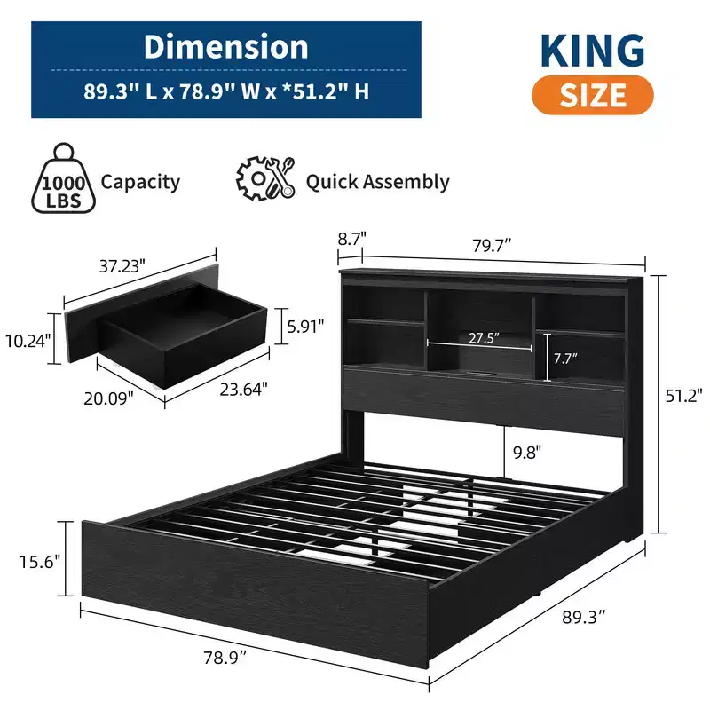 Bed Frame with Bookcase Headboard, 4 Drawers & Built-in Charging Station – No Box Spring Needed
