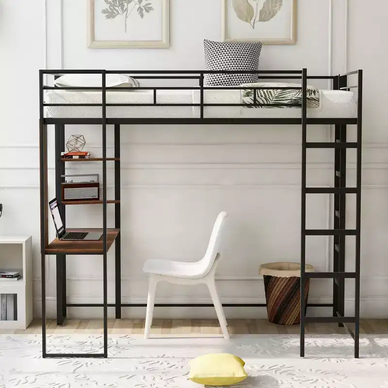Whisen 42.1'' W x 79.5'' L Twin Size Metal Loft Bed with Built-in Desk, Shelf and Ladder, Strong Metal Frame