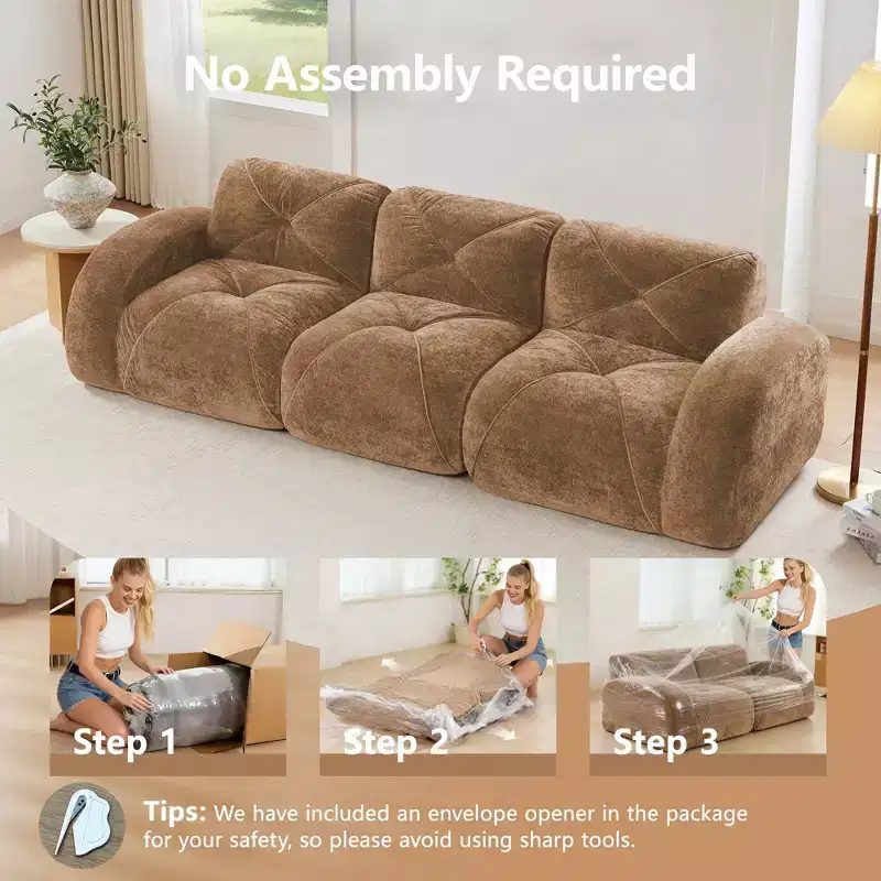 Clihome 110Boneless Sofa With Tufted,Soft Velvet Fabric,Modular Sectional Sofa,32D High Density Sponge,Anti-Slip Design,Ergonomic Design Bottom