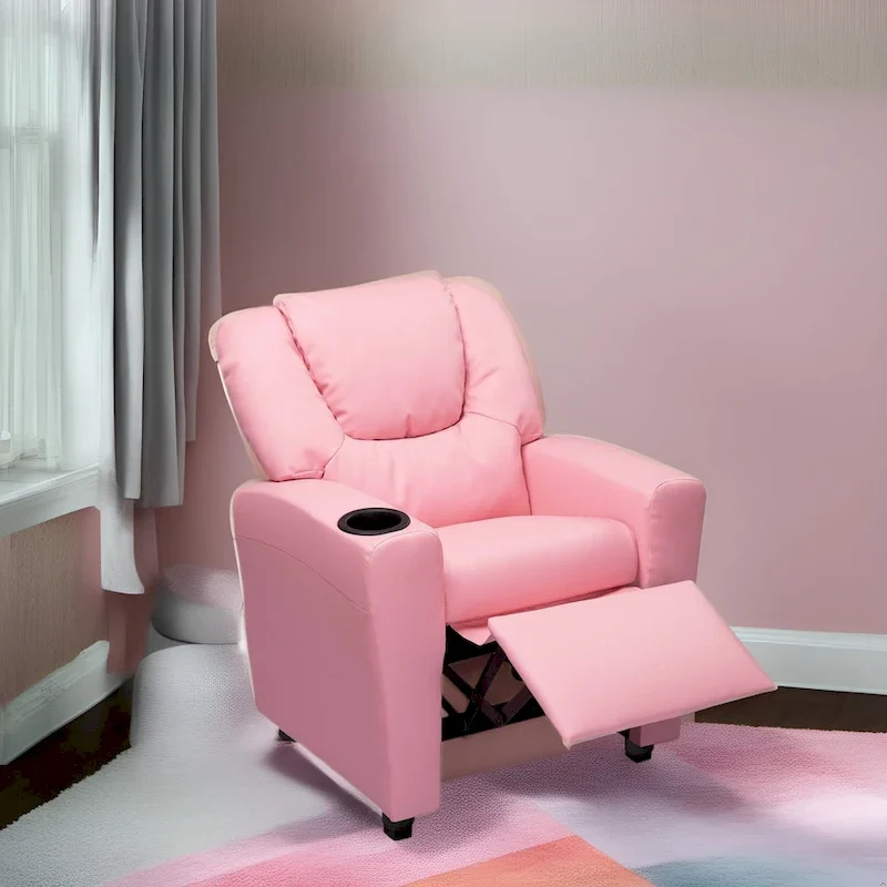 Kids Push Back Recliner Chair with Footrest and Cup Holders