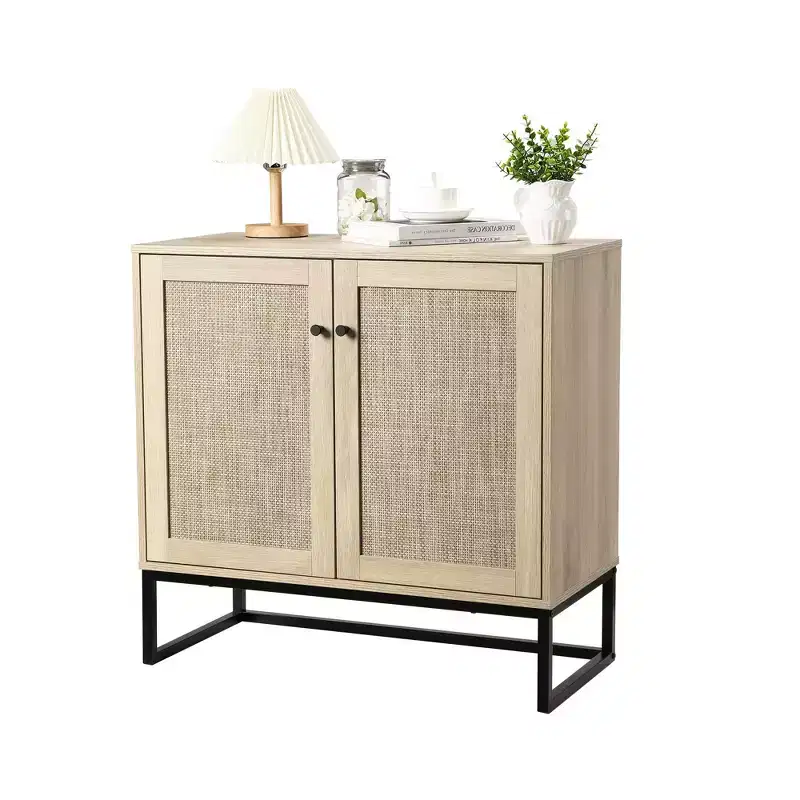 2 pack Storage Cabinet, Rattan Buffet Cabinet with Decor Doors, Multi-Functional Kitchen Cupboard Light Oak