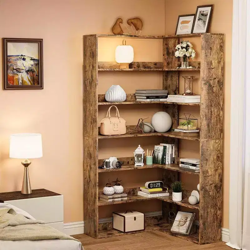 6 Tier Industrial Corner Bookshelf, L Shaped Bookcase with Baffles and Shelves, Large Storage Display Unit for Living Room, Home Office