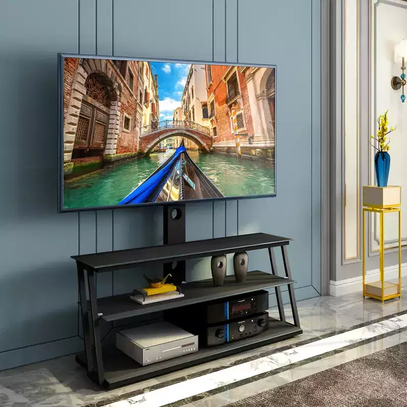 Black Multi-Function Height and Angle Adjustable TV Stand - Tempered Glass with Swivel and Wire Management
