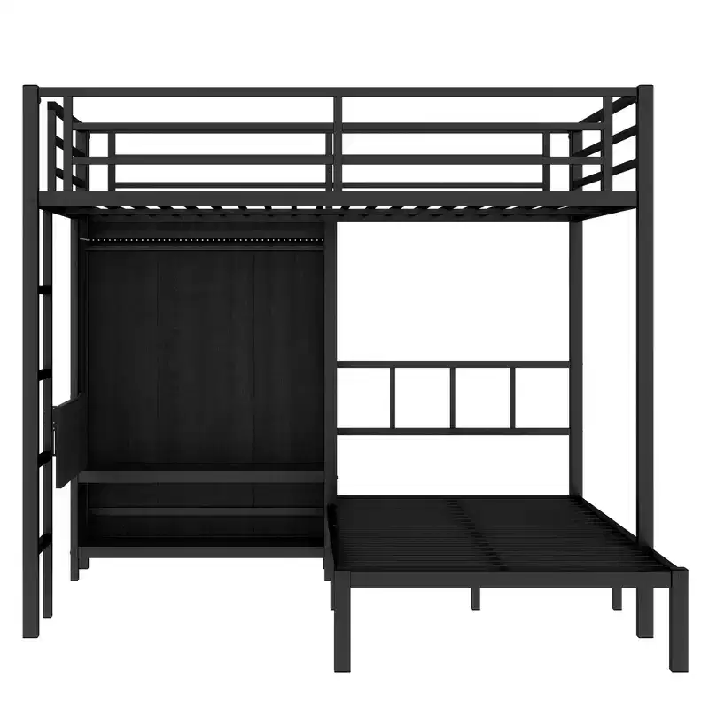 Bellemave Full XL Over Twin Metal Bunk Bed with Folding Desk, Closet with LED ,Space-Saving/Noise Reduced, Black