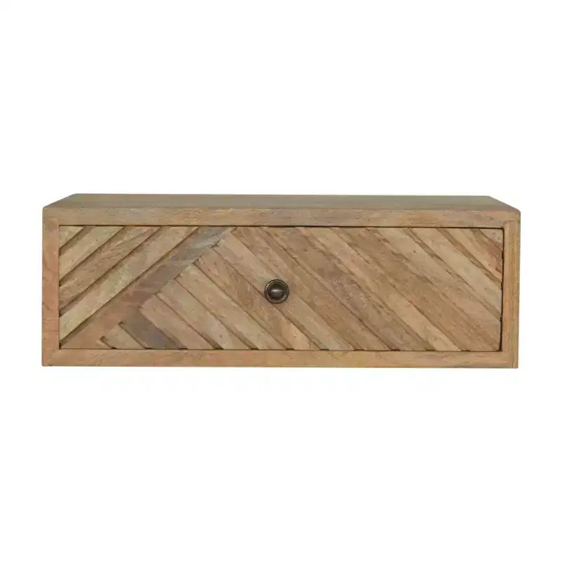 HomeRoots 18 Natural Solid Wood Carved Geometric One Drawer Floating Nightstand