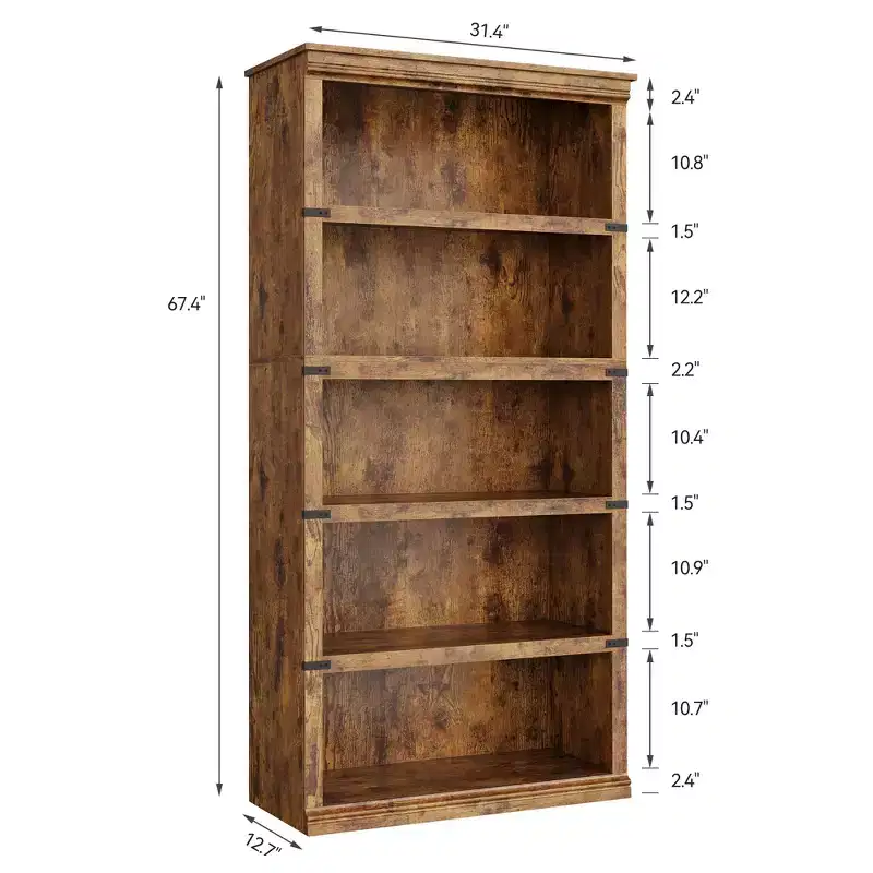 5 Tier Book Shelf Farmhouse Bookcase Open Storage Shelves 31.4 x 12.7 x 67.4 Book Case