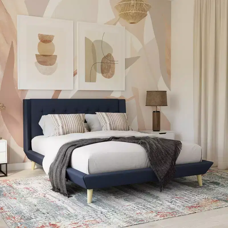 Modern Wood and Linen Tufted Upholstered Bed