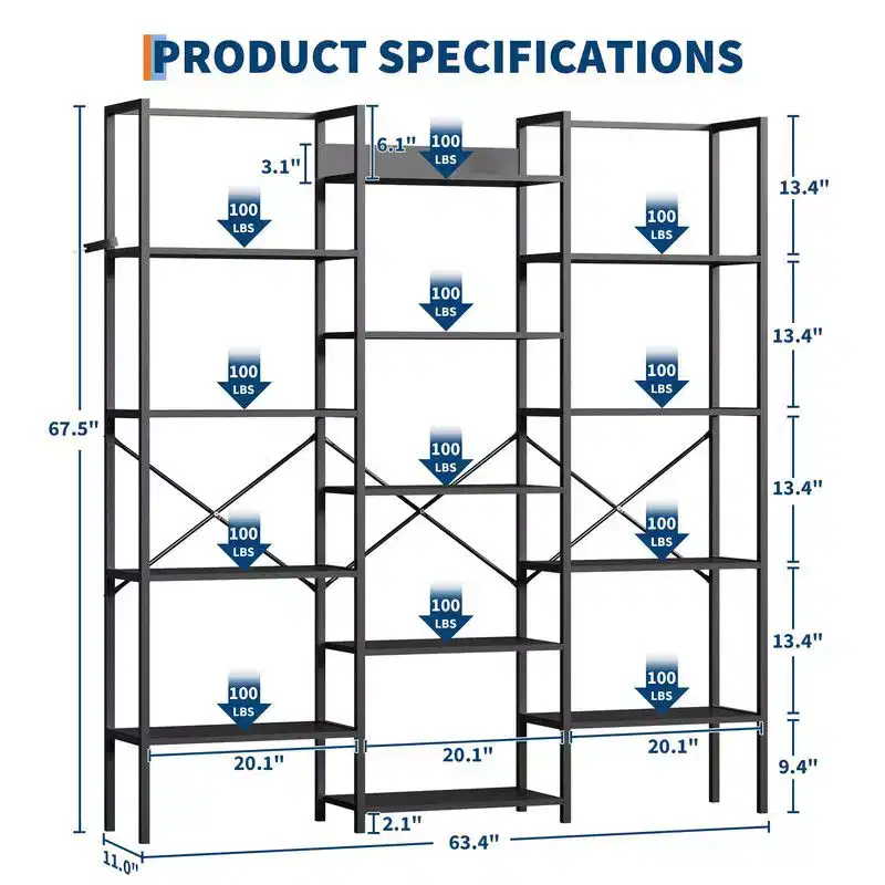 Coolmee Triple Column 5 Tier Industrial Bookshelf, Bookcase with 14 Display Shelves, Modern Wide Large Book Shelf Book Case for Living Room, Home