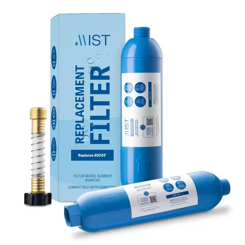 Mist Replacement Camco RV Filter with Flexible Hose Protector 2pk - RVMF291: RV Appliance Water Filter, Plastic, Blue