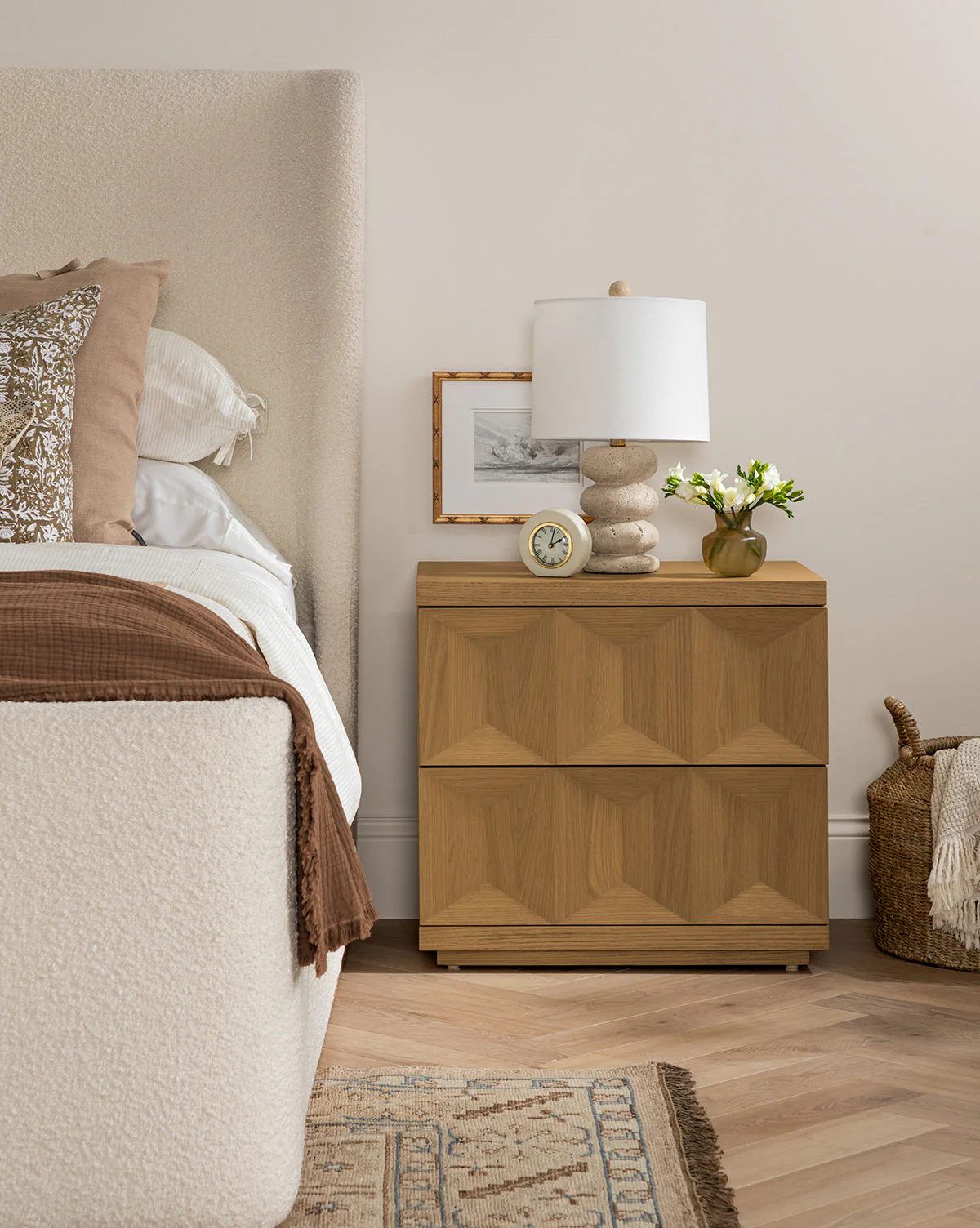 Artisan White Oak Nightstand with Geometric Motifs & Spacious Storage for Bedroom
