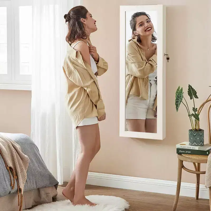 Costway Mirror Jewelry Cabinet with Full Length Clear Mirror & Internal LED Lights Hooks