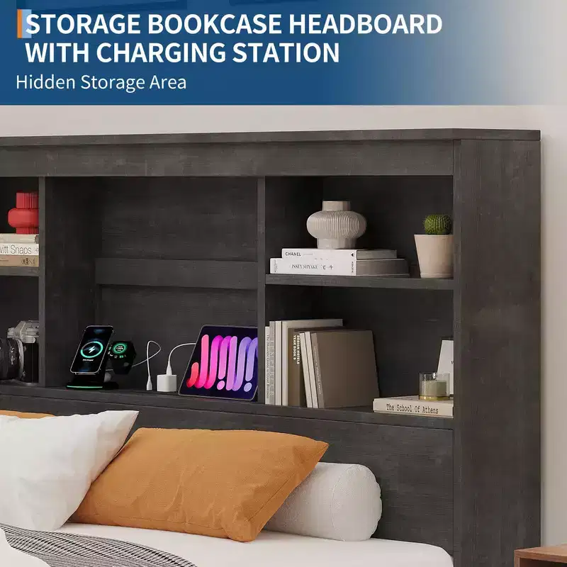 Bed Frame with Bookcase Headboard, 4 Drawers & Built-in Charging Station – No Box Spring Needed