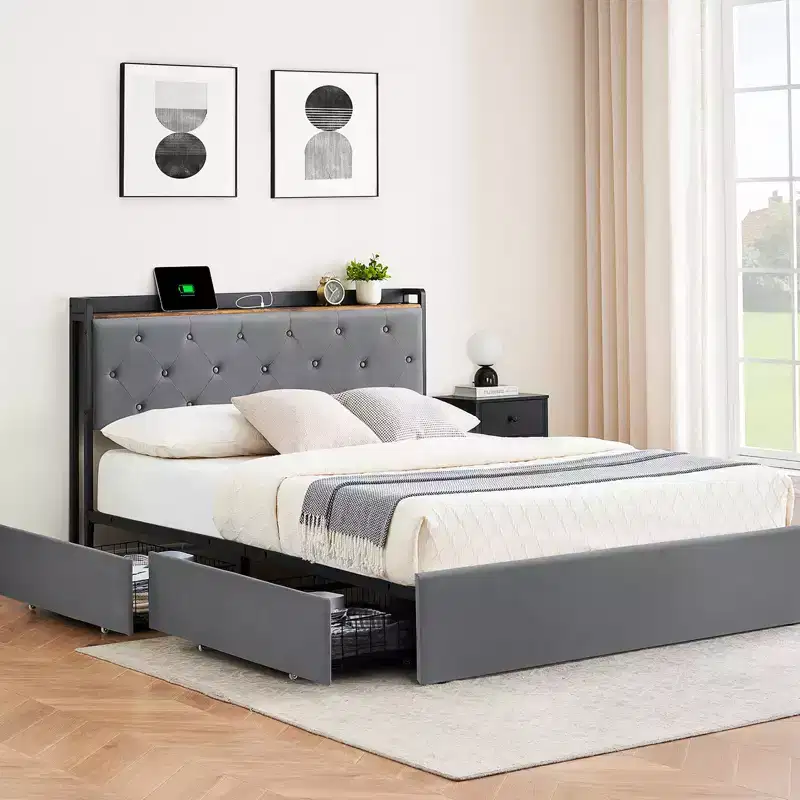 Platform Bed Frame with Headboard and 4 Storage Drawers, Heavy-Duty Metal Supports, No Box Spring Required, No Noise, Easy to Assemble