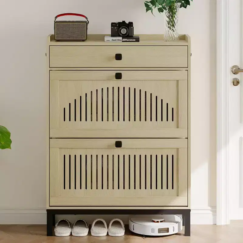 2 Flip Drawers & Large Drawer Modern Shoe Cabinet, Wooden Shoe Organizer with Adjustable Shelf, Hidden Shoe Storage for Entryway, Living Room