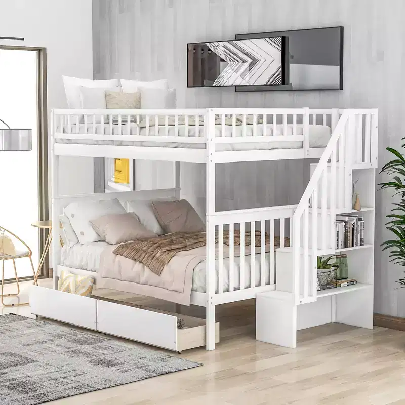 Full over Full Bunk Bed with Two Storage Drawers and Storage Shelves for Kids Teens Adults Bedroom