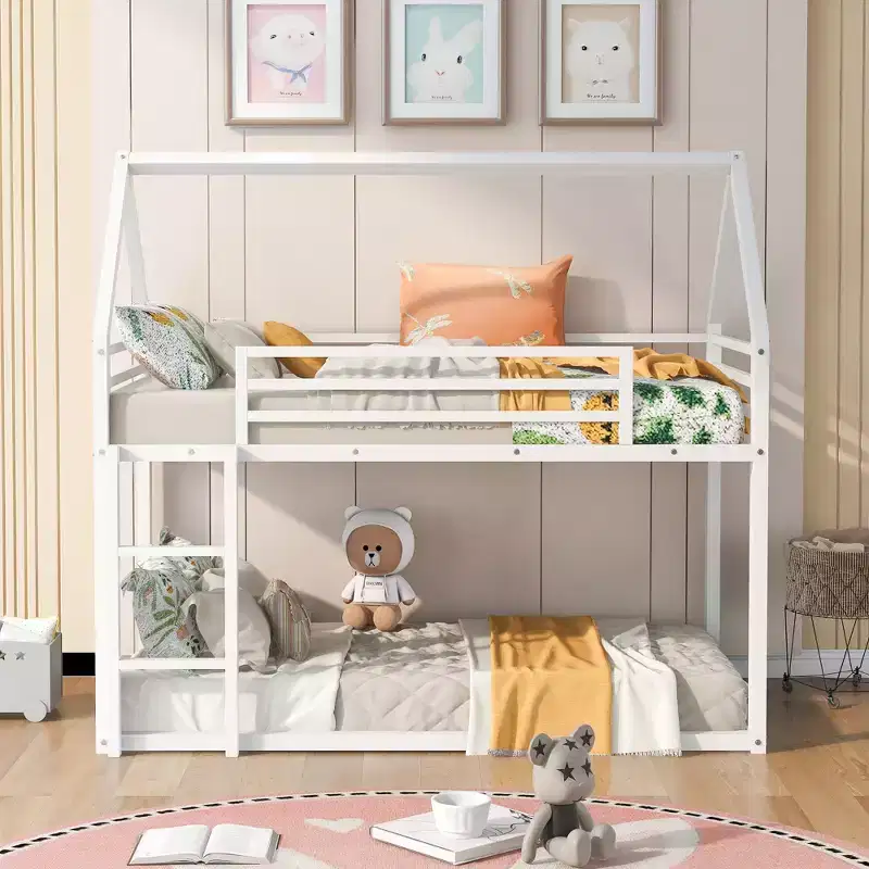 Metal Twin over Twin House-Shaped Bunk Bed with Built-in Ladder